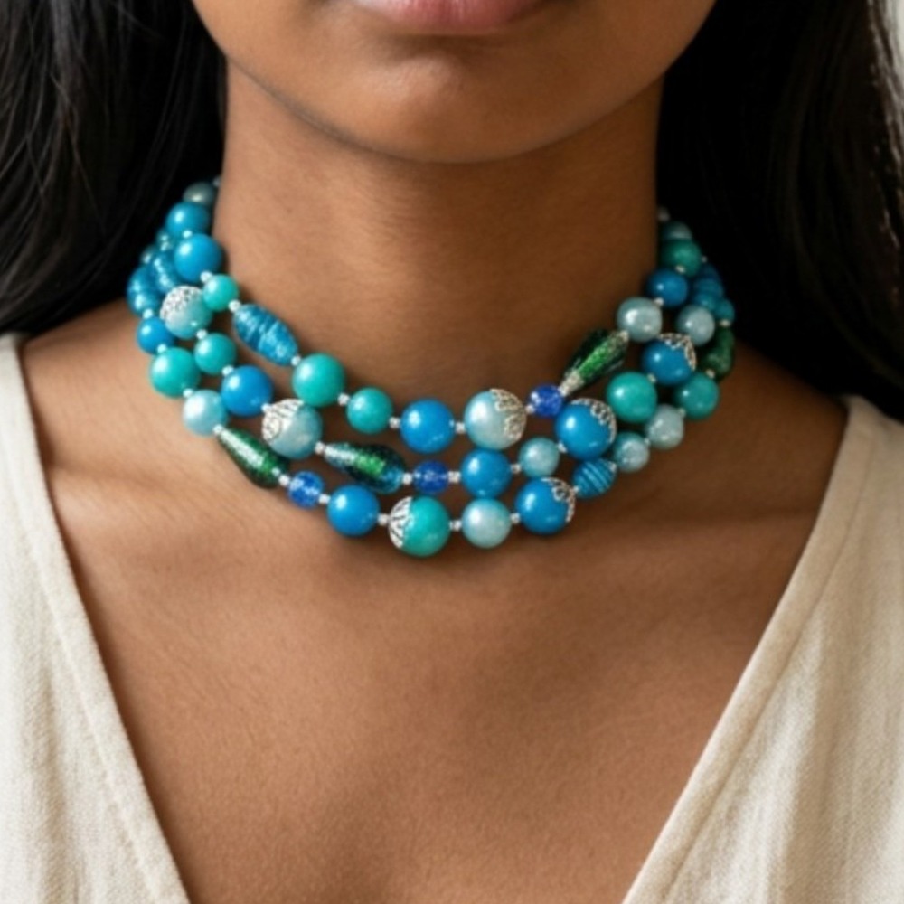 Vintage MCM 3 Strand Art Glass & Lucite Aqua Teal Statement Necklace